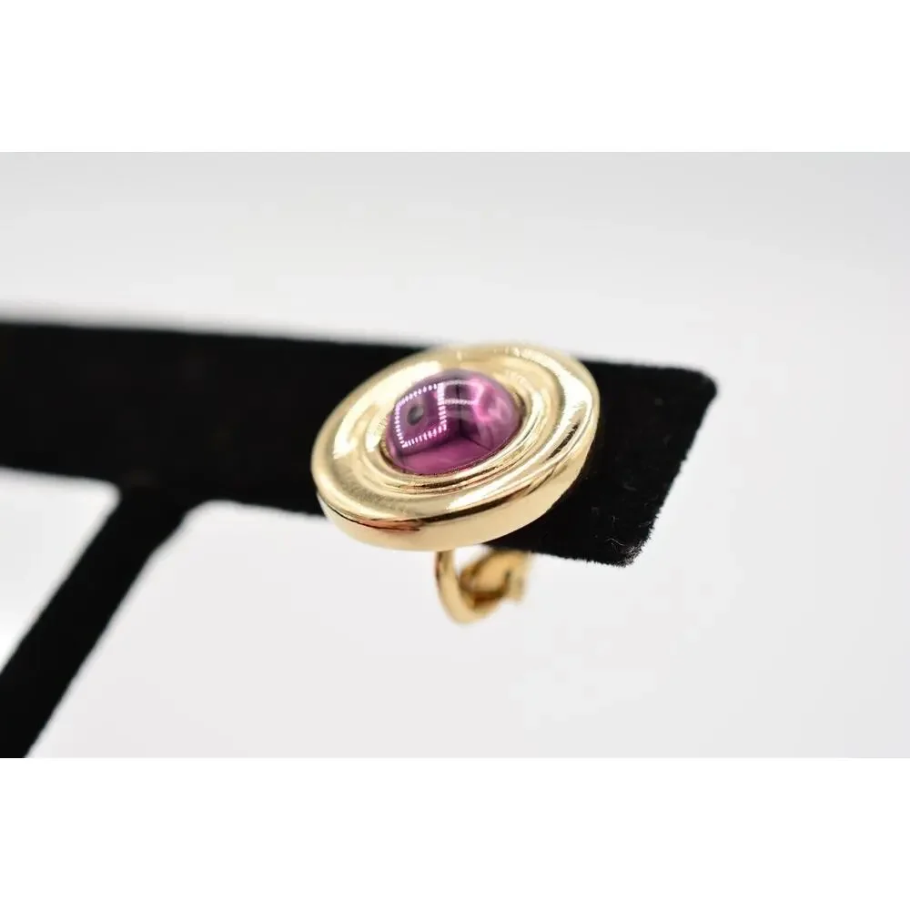 Vintage Cabochon Clip On Earrings Purple Round Gold Tone Jewelry Huggie 1980s 9L